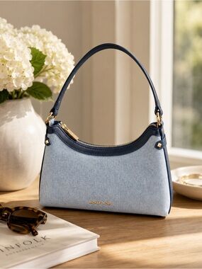 New! Denim Michael Kors Maeve Pouchette Denim and Leather Shoulder Bag